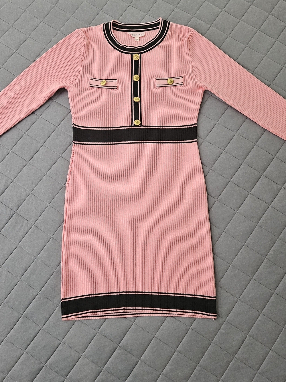 Jackie Kennedy Pink Ribbed Knit Long-Sleeve Bodycon Dress Size S/M Feminine - Picture 2 of 9